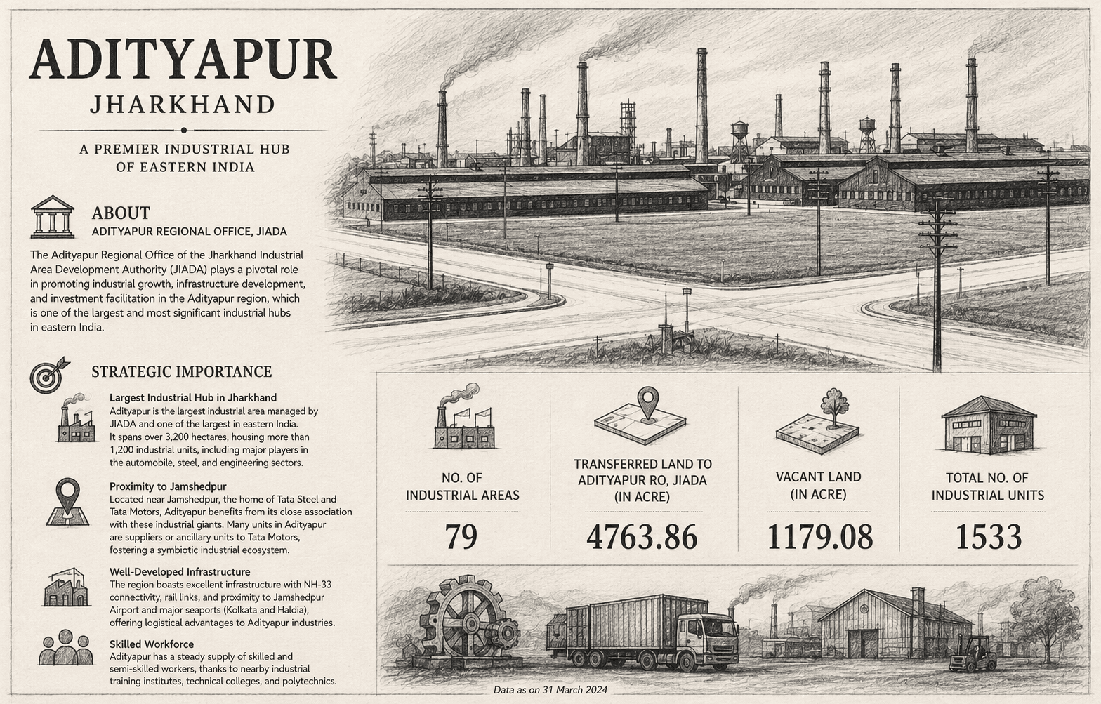 Infographic: Adityapur, Jharkhand — a premier industrial hub of eastern India, with JIADA statistics on industrial areas, land, and units, above a pencil-style illustration of the industrial belt